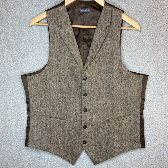 Madison Men's Vest Wool Blend 5 Button Brown Tweed Vest Excellent Sz Small - Picture 1 of 11